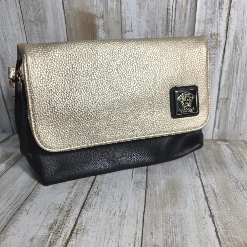 Versace Parfums Black Gold Pebbled Faux Leather Medusa Foldover Clutch Bag